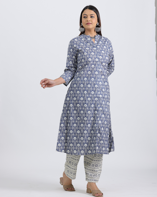Pure Cotton Blue and White Kurta Pant Set in Bagru Print