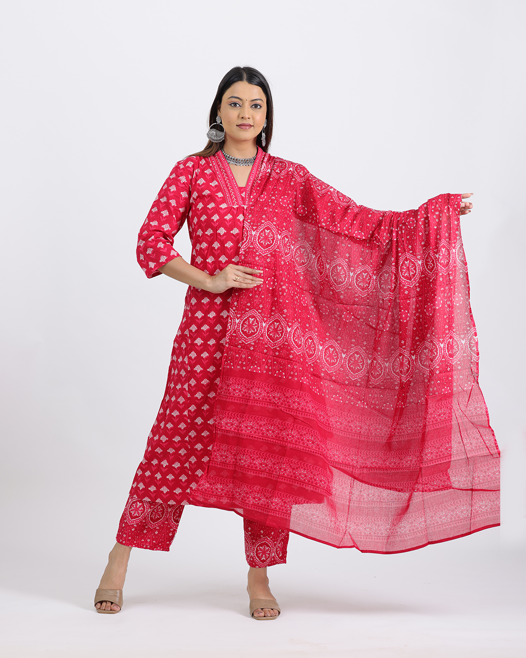 Pure Cotton Pink Digital Dupatta Set with V-Laced Neck