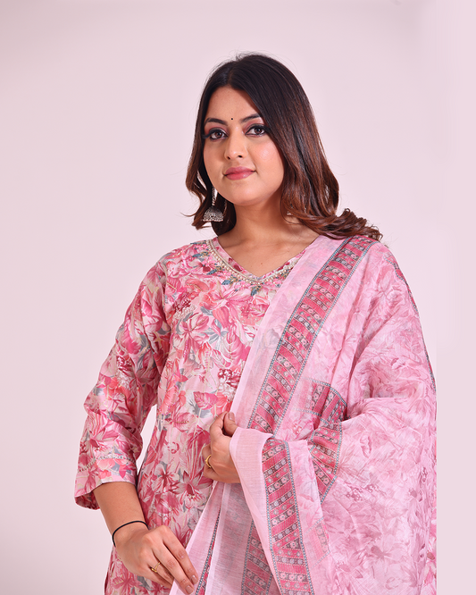 Pure Muslin Silk Baby Pink Digital Dupatta Set with Sequence Work