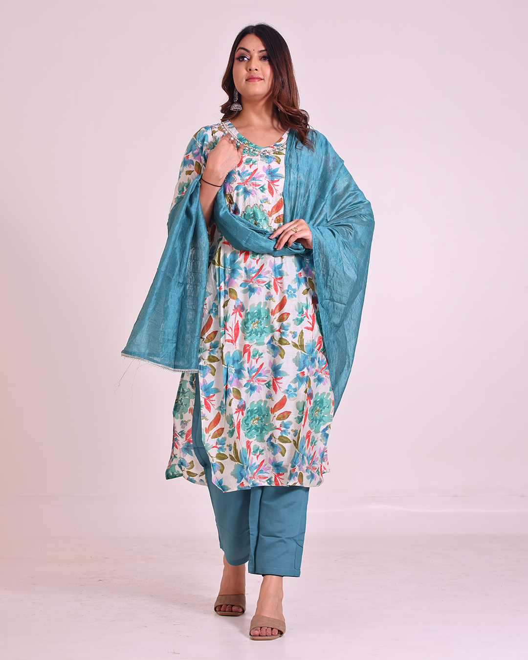 Pure Muslin White-Based Colorful Mulmul Dupatta Set with Sequence Work