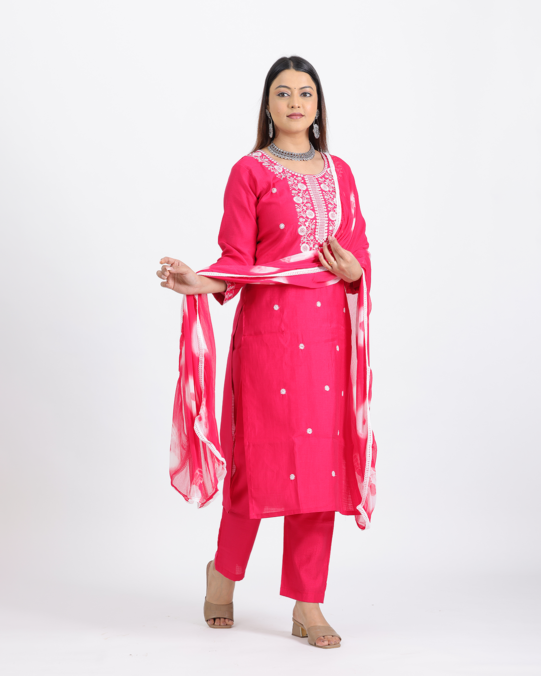 Pure Vatican Silk Pink Suit with Chiffon Bandhani Dupatta and Hand Embroidered Work