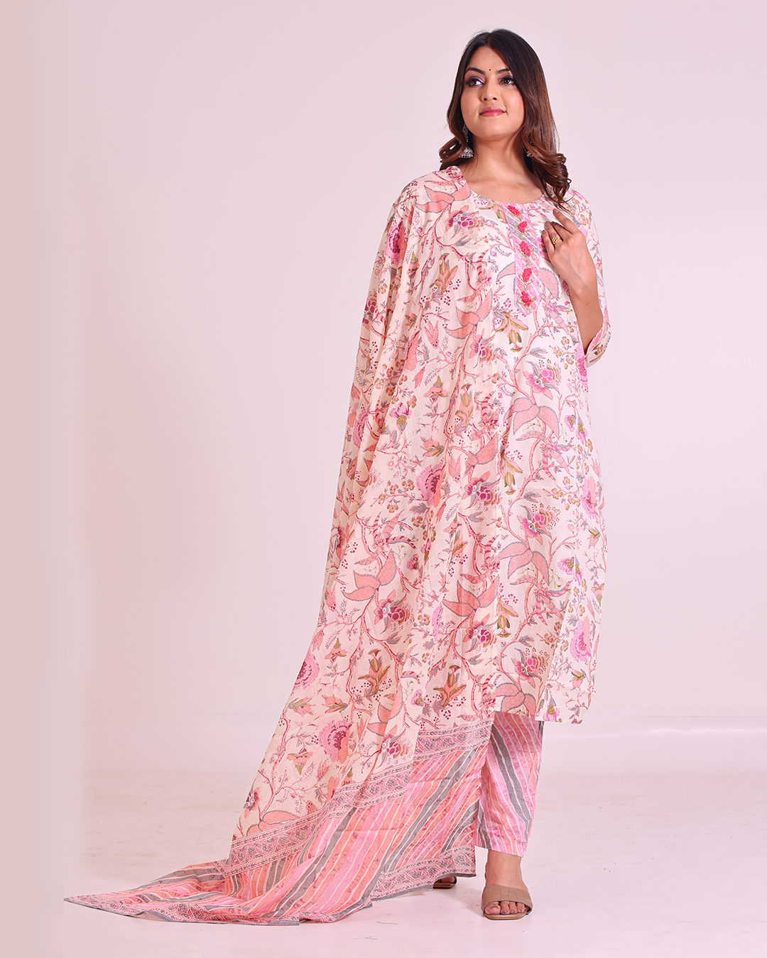 Pure Cotton Off-White and Baby Pink Digital Print Dupatta Set