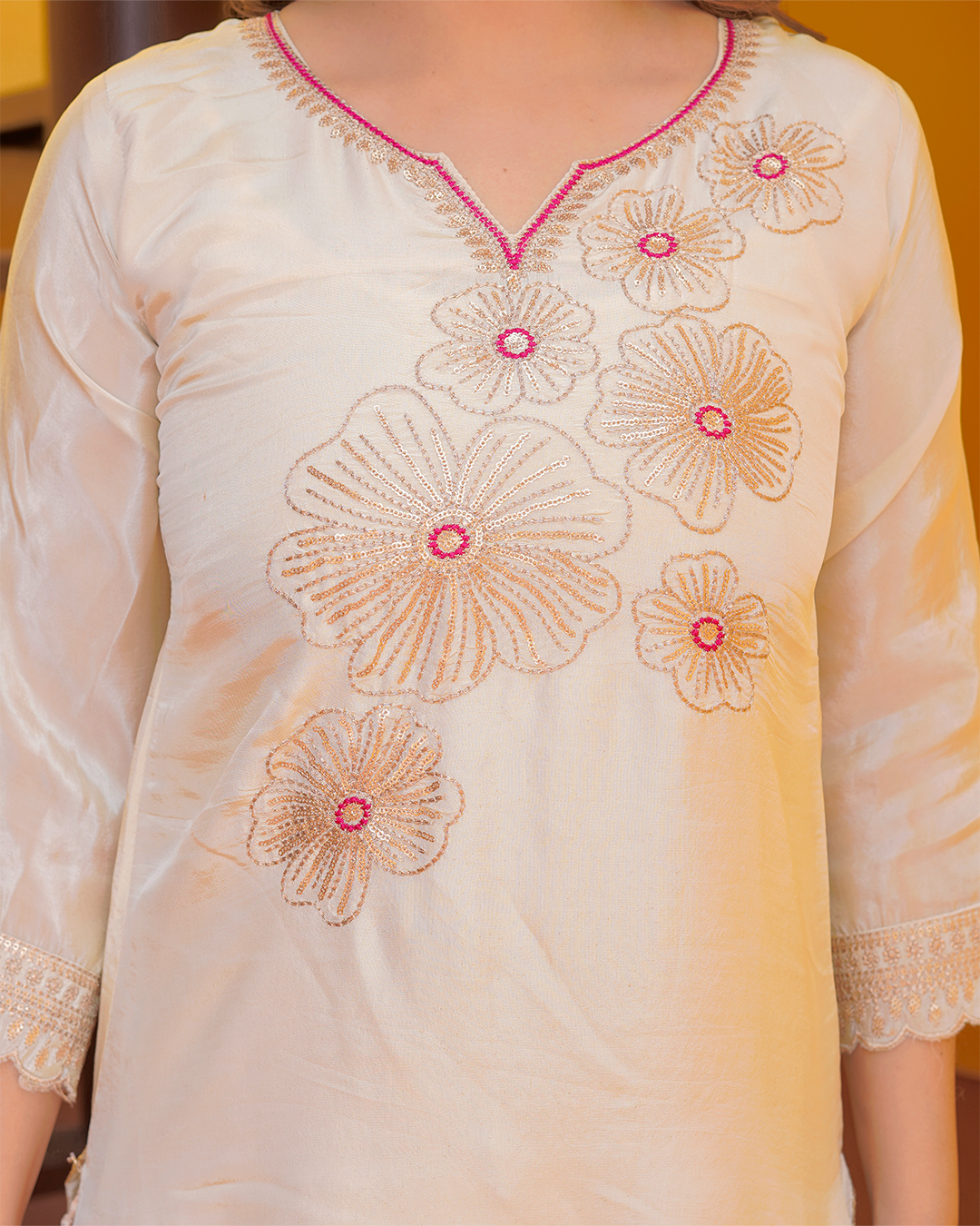 Pure Silk Off-White Suit with Pink Banarasi Dupatta and Zari Work