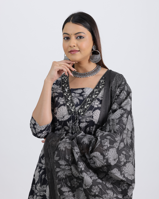 Pure Cotton Black Suit with Digital Print Dupatta and V-Laced Neckline