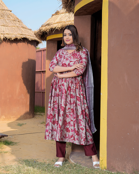 Pure Muslin Silk Grey and Maroon Angrakha Pattern Suit with Digital Print Dupatta and Sequence Work