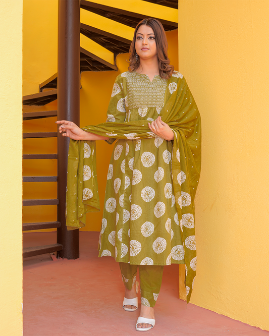 Pure cotton green batik print kurta pant set with cotton digital print dupatta set