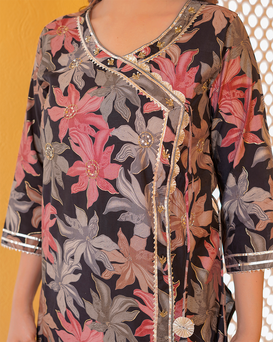 Pure Muslin Silk Black Angrakha Suit