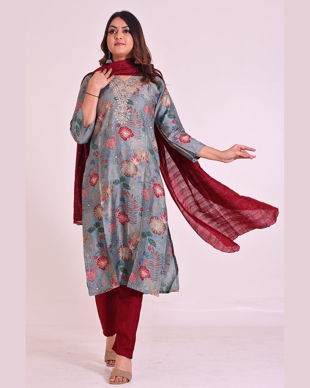 Grey and Maroon Pure Muslin Suit with Silk Dupatta and Pathni Work