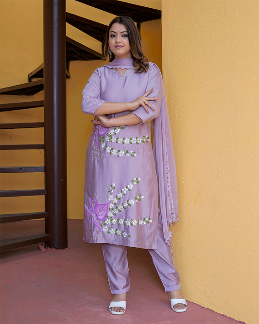 Pure Silk Lavender Dupatta Set with Watercolor Work