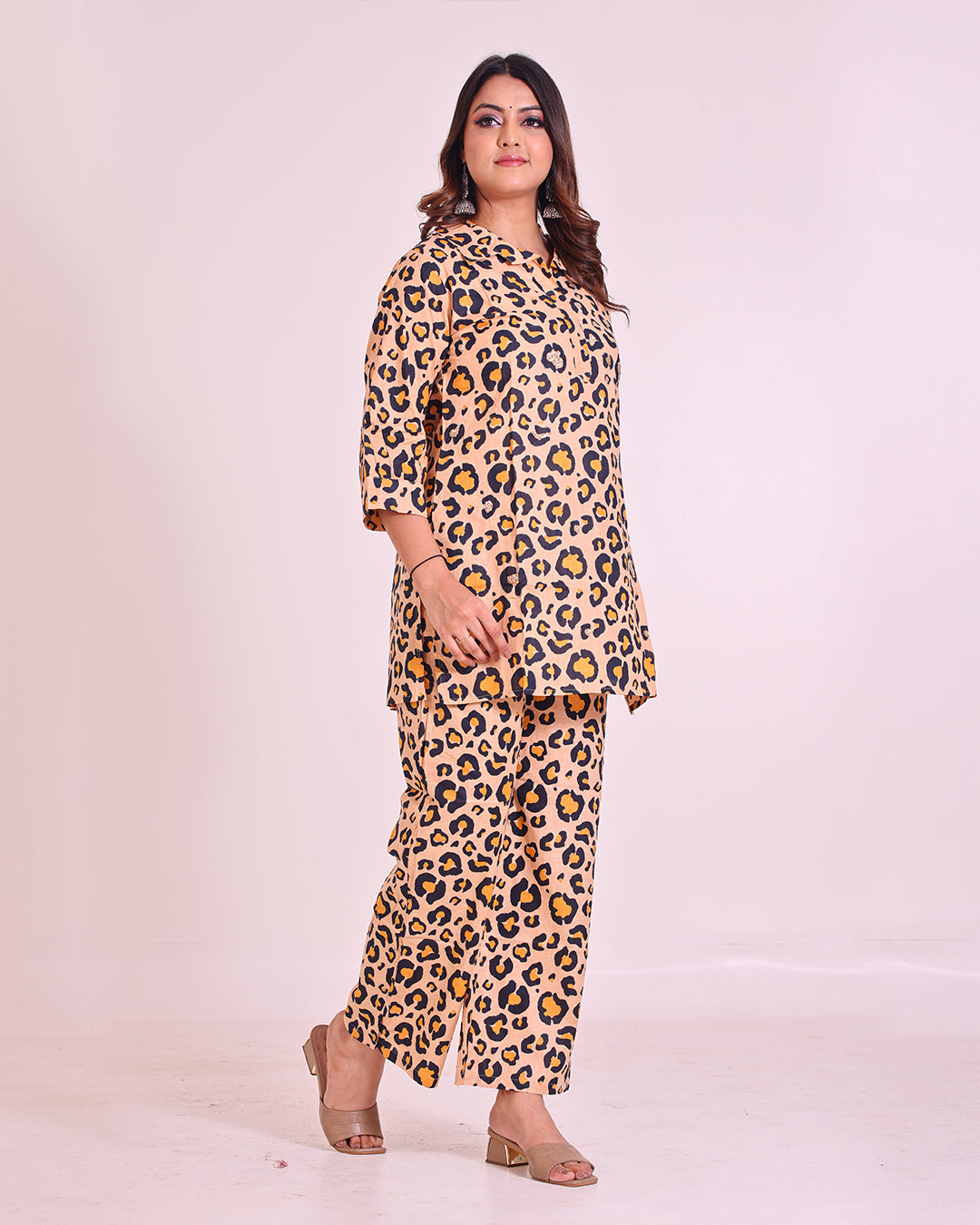 Pure Cotton Beige and Black Chittah Print Coord Set with Sparkle Work