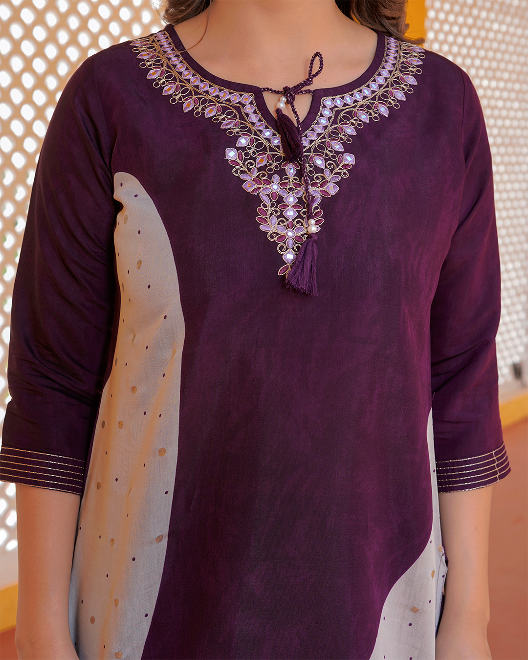 Pure silk wine colour kurta pant set with digital print silk dupatta