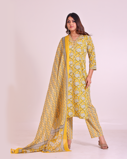 Pure Cotton Yellow V-Neck Digital Print Dupatta Set