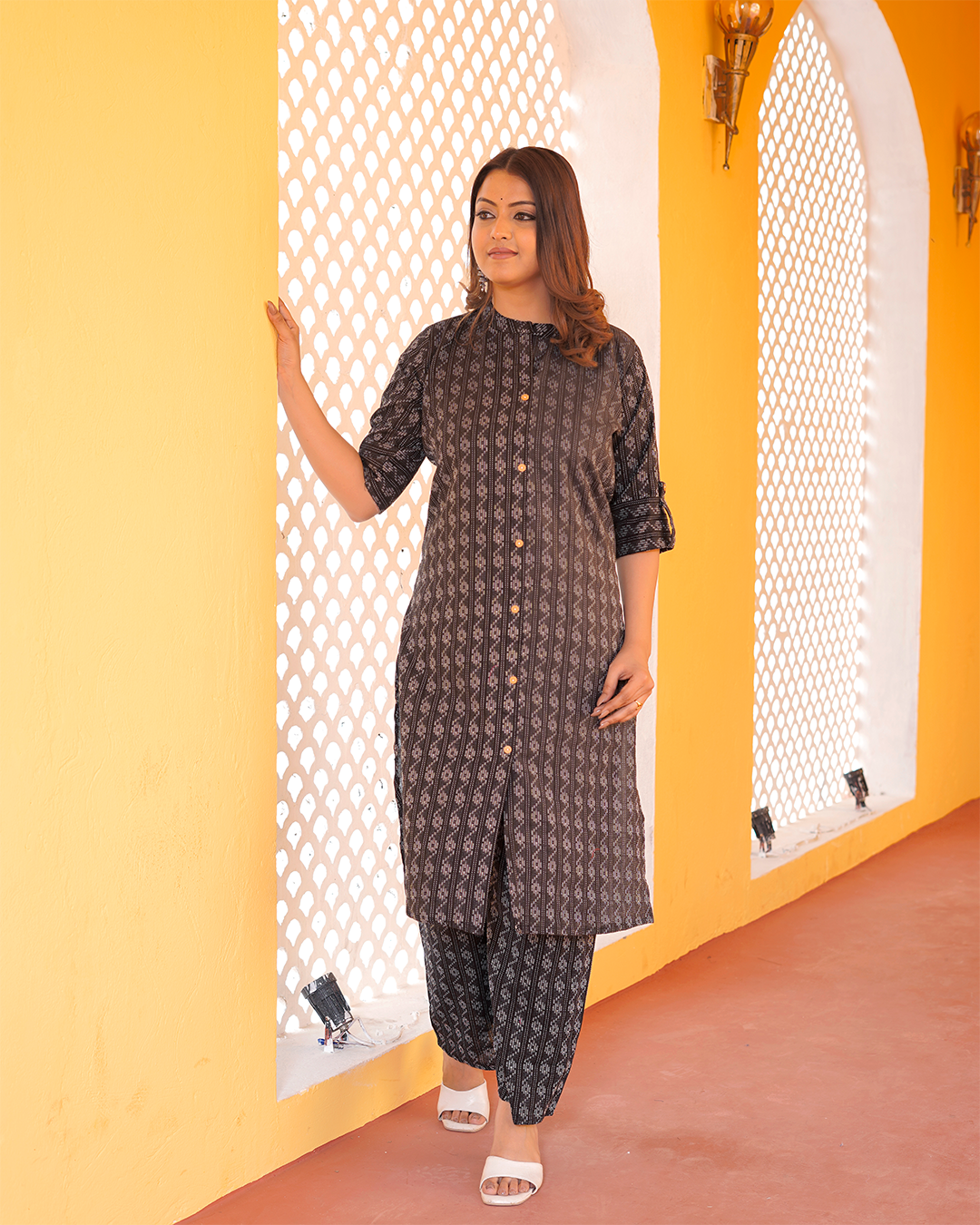 Pure Cotton Katha Print Black Kurta Pant Set