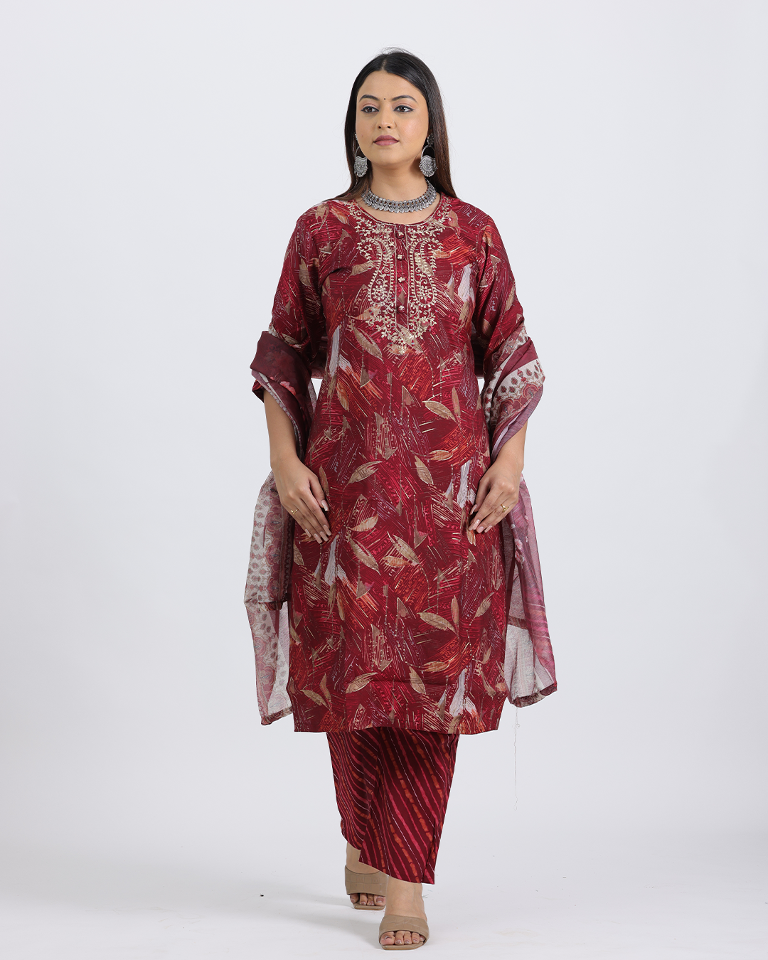 Pure Muslin Silk Maroon Suit with Digital Print Dupatta and Hand Embroidered Neckline