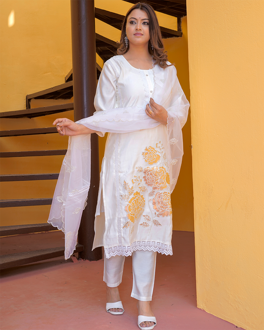 Pure Silk White Suit with Net Dupatta and Gold Leather Work