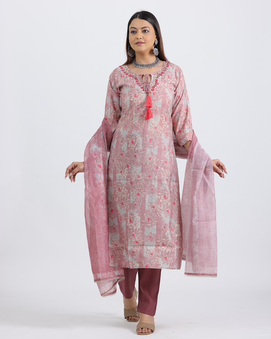 Pure Muslin Silk Onion Pink Suit Set with Digital Print Dupatta and Heavy Neck with Tassels