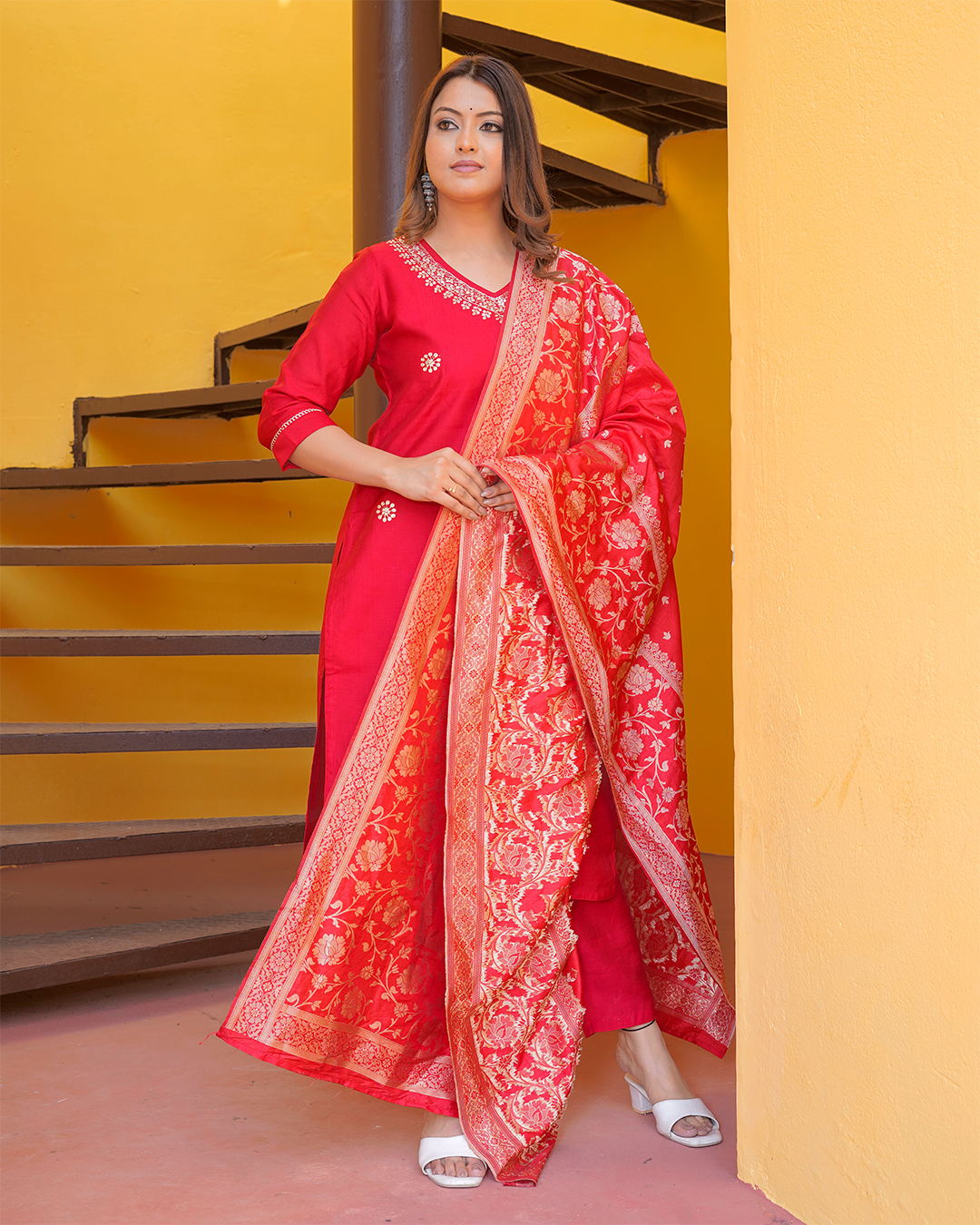 Pure silk Red suit with paithani work andheavy banarsi dupatta