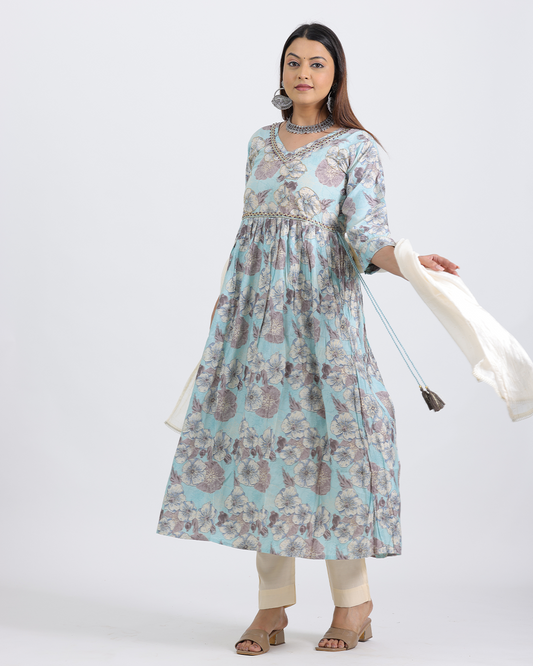 Pure Muslin Silk Off White and Sky Blue Frock Suit with Digital Print Dupatta and Sequence Work