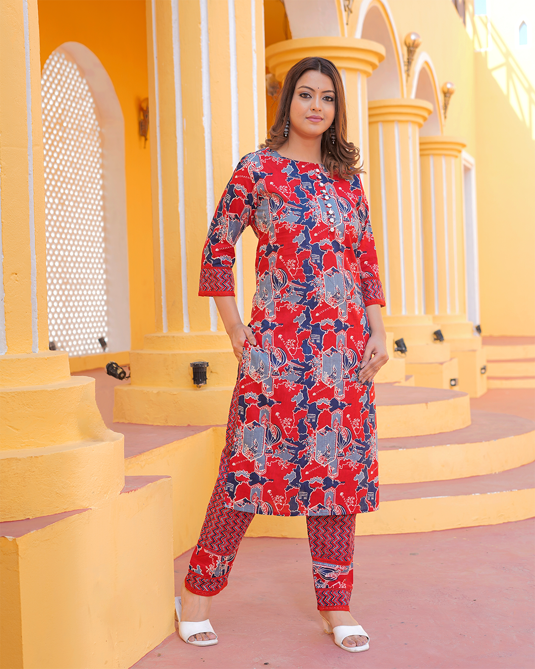 Pure Cotton Red Ajrakh Print Kurta Pant Set