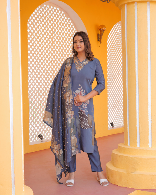 Pure Silk Baby Blue Suit with Silk Digital Print Dupatta and Heavy Work