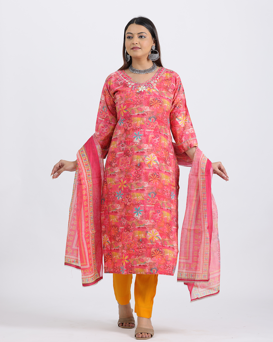 Pure Muslin Silk Yellow and Orange Suit with Digital Print Dupatta and Hand Work on Neck