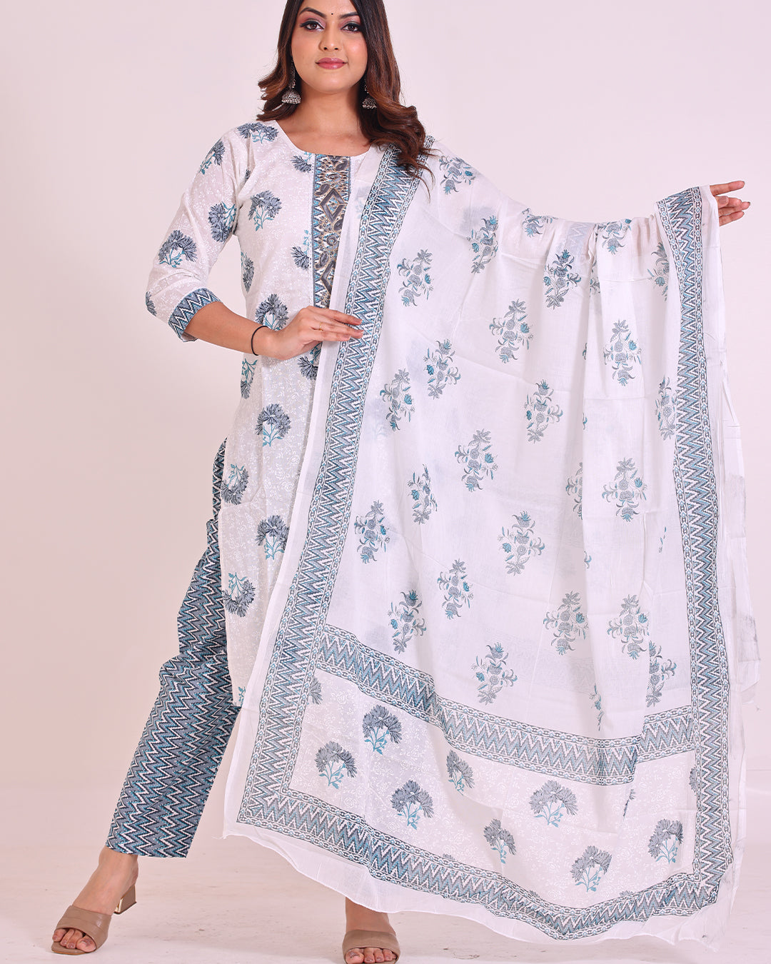 Elegant Blue and White Cotton Suit with Intricate Detailing