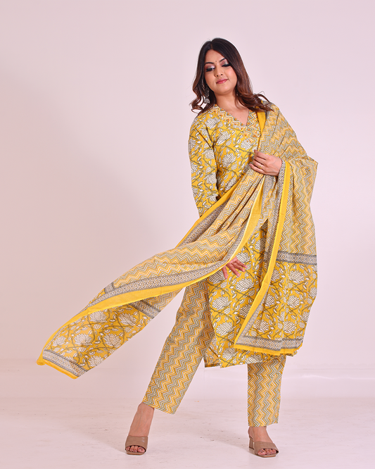 Pure Cotton Yellow V-Neck Digital Print Dupatta Set