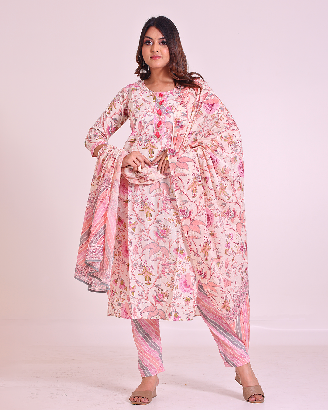 Pure Cotton Off-White and Baby Pink Digital Print Dupatta Set