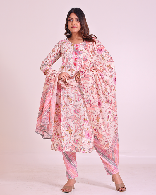 Pure Cotton Off-White and Baby Pink Digital Print Dupatta Set