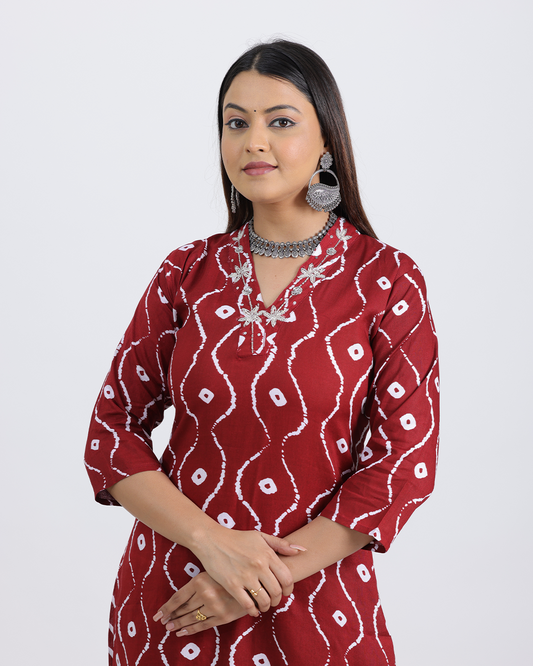 Pure Cotton Maroon Kurta Pant Set with Sequence Work and V-Neckline