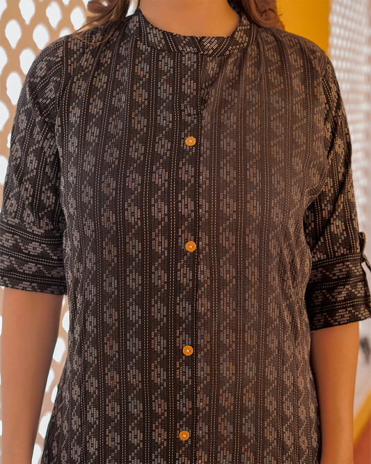 Pure Cotton Katha Print Black Kurta Pant Set