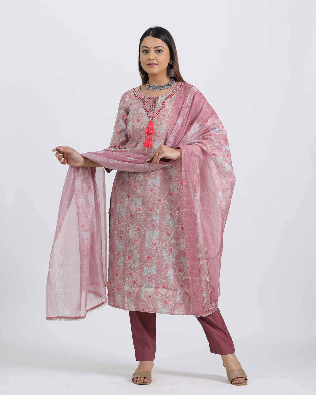 Pure Muslin Silk Onion Pink Suit Set with Digital Print Dupatta and Heavy Neck with Tassels