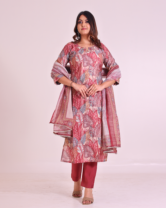 Pure Muslin Silk Onion Pink Digital Print Kurta Pant Set with Sequence Work