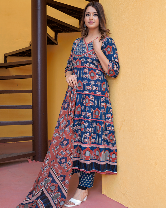 Pure Cotton Blue and Maroon Ajrakh Print Frock Suit with Dupatta