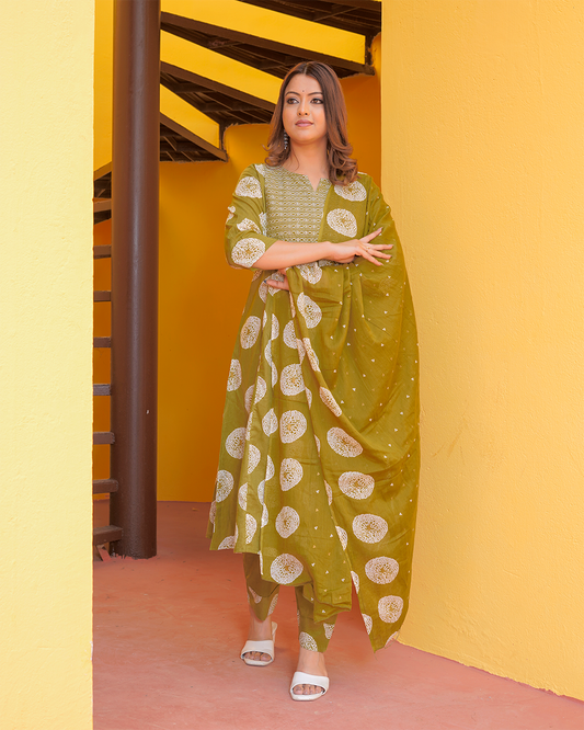 Pure cotton green batik print kurta pant set with cotton digital print dupatta set