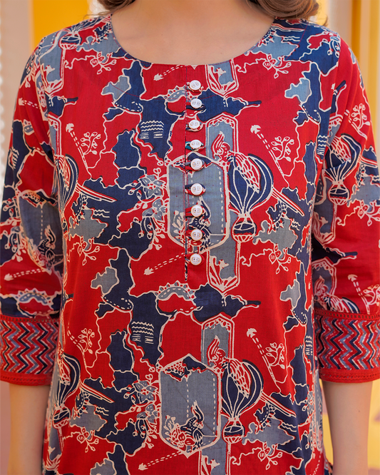 Pure Cotton Red Ajrakh Print Kurta Pant Set