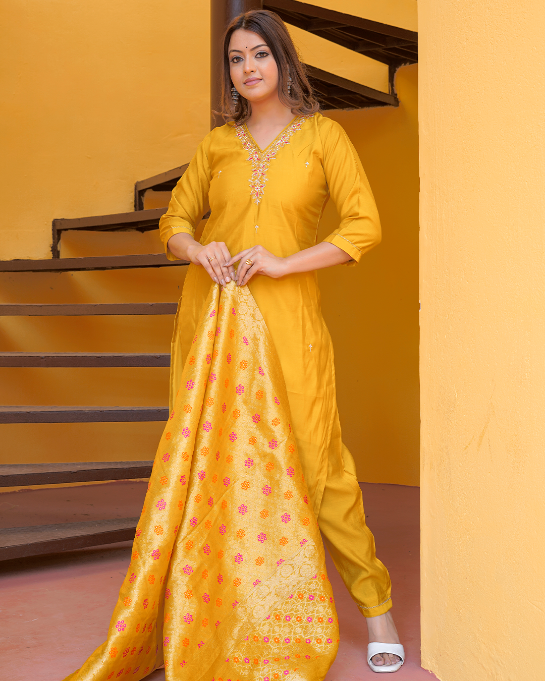 Pure Banarasi Silk Yellow Dupatta Pant Set