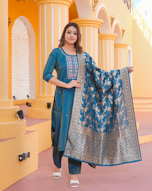 Pure Silk Peacock Blue Suit with Heavy Gotta Patti Work and Banarasi Dupatta