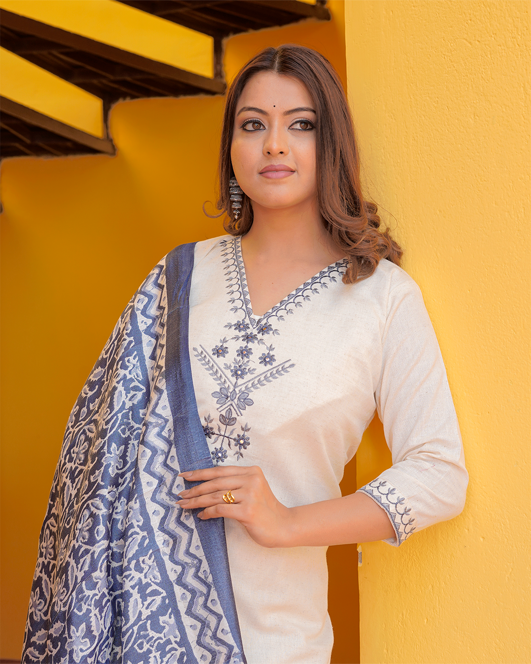 Pure Khadi White Kurta & Pant with Blue Tissue Silk Dupatta