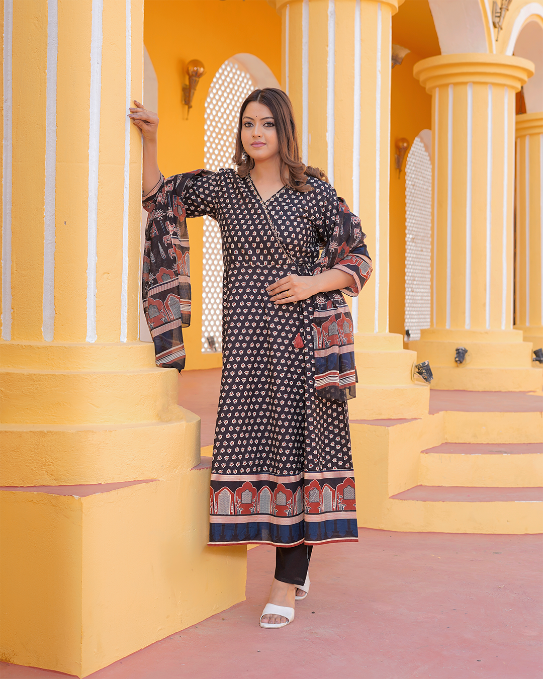 Pure Cotton Black Angrakha Frock Suit with Ajrakh Print