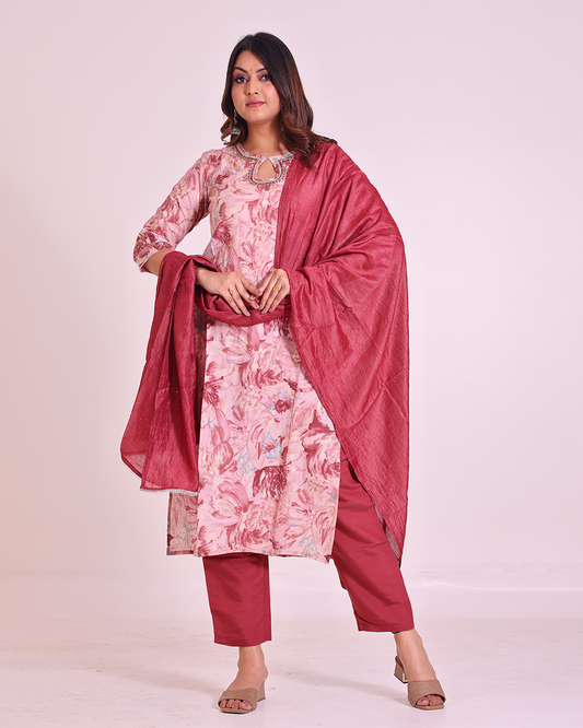 Peach and Maroon Pure Muslin Silk Suit with Silk Dupatta and Stylish Handworked Neck