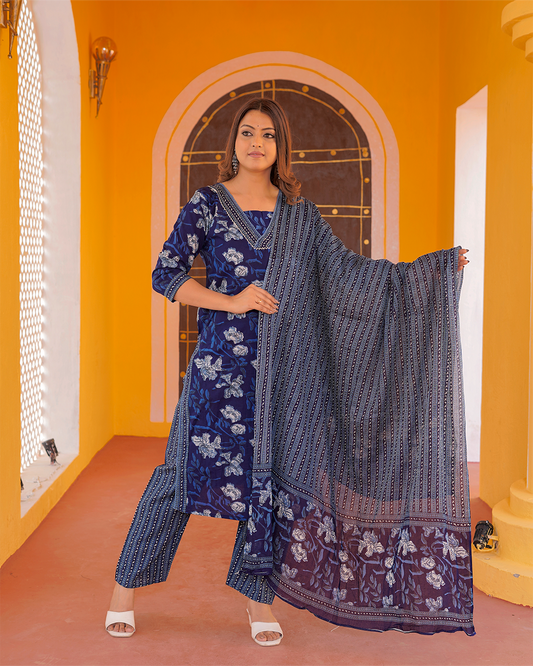 Pure Cotton Royal Blue Batik Print Dupatta Set
