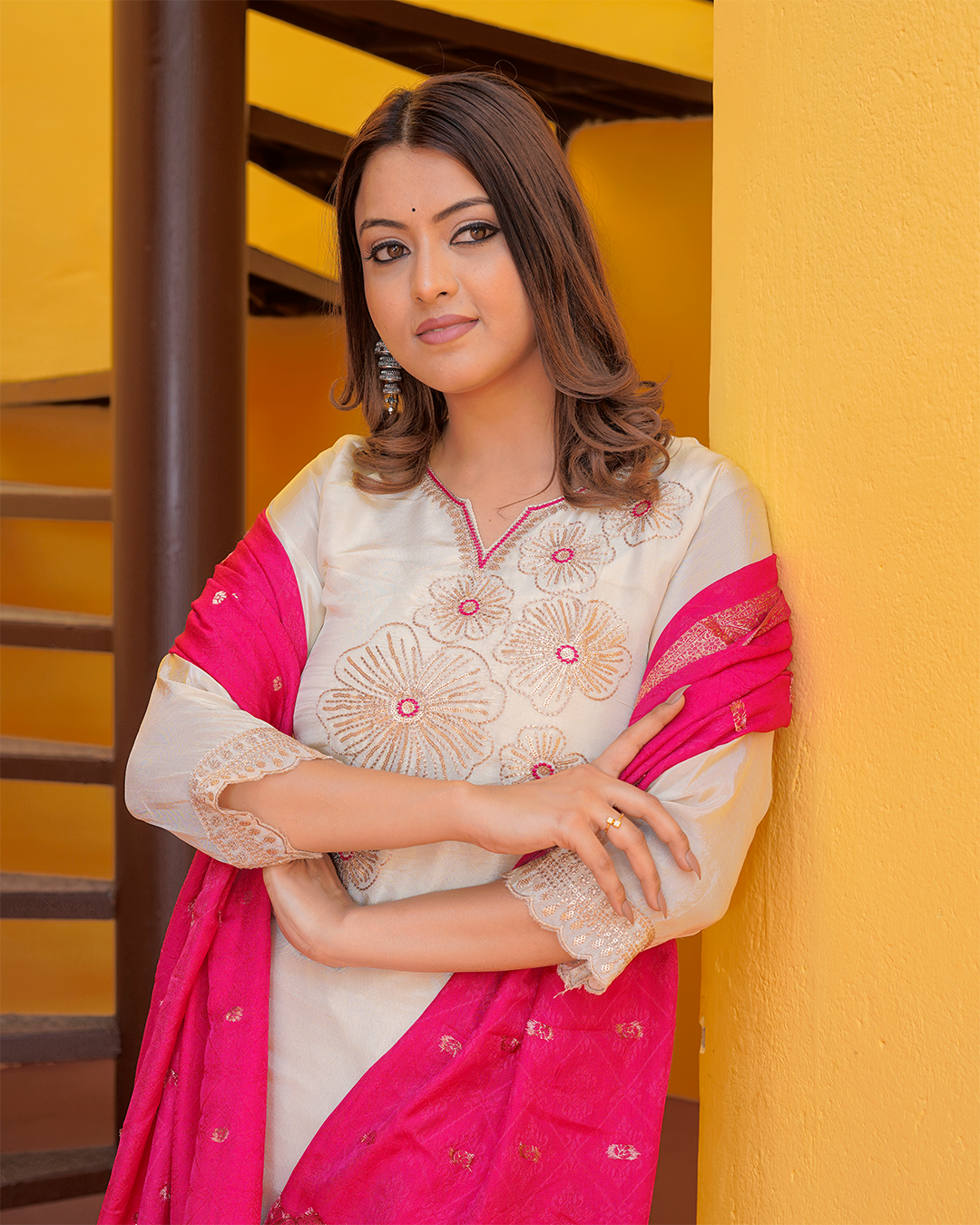 Pure Silk Off-White Suit with Pink Banarasi Dupatta and Zari Work