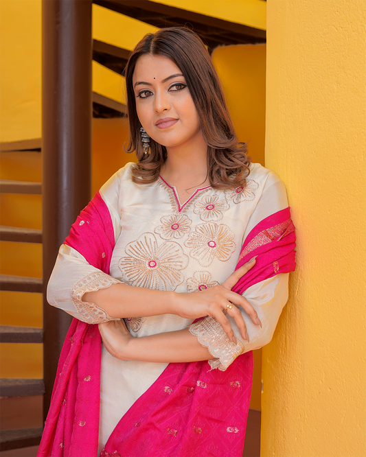 Pure Silk Off-White Suit with Pink Banarasi Dupatta and Zari Work