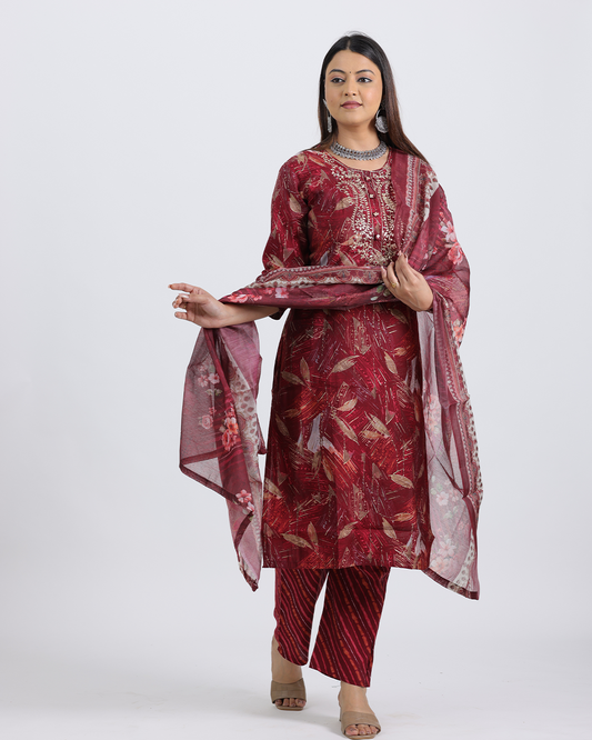Pure Muslin Silk Maroon Suit with Digital Print Dupatta and Hand Embroidered Neckline