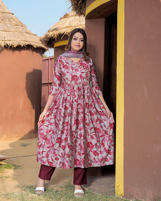Pure Muslin Silk Grey and Maroon Angrakha Pattern Suit with Digital Print Dupatta and Sequence Work