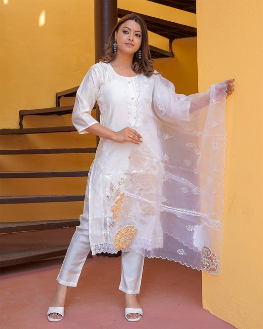 Pure Silk White Suit with Net Dupatta and Gold Leather Work