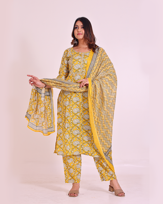 Pure Cotton Round Neck Yellow Digital Print Dupatta Set
