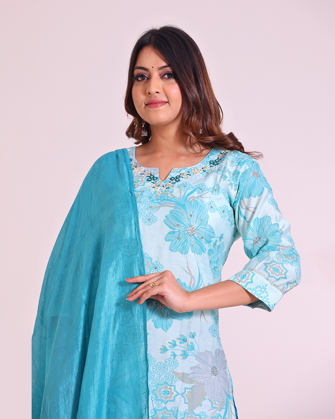 Pure Muslin Silk Sky Blue Dupatta Set with Hand Embroidery