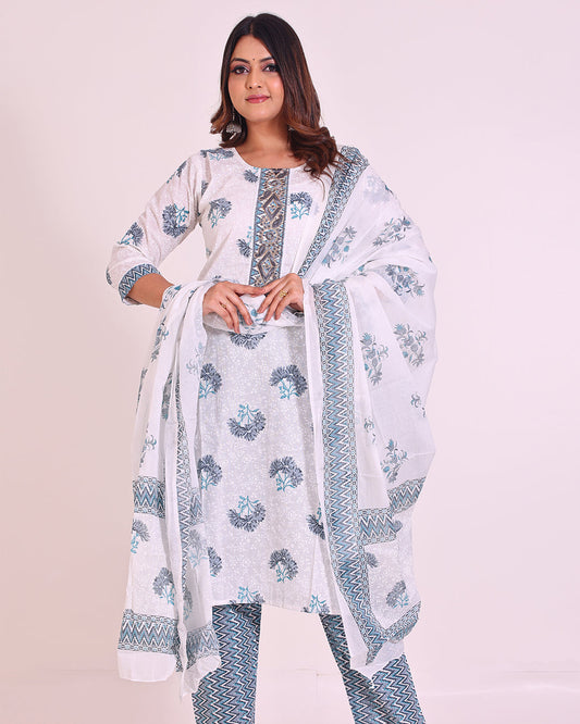 Elegant Blue and White Cotton Suit with Intricate Detailing